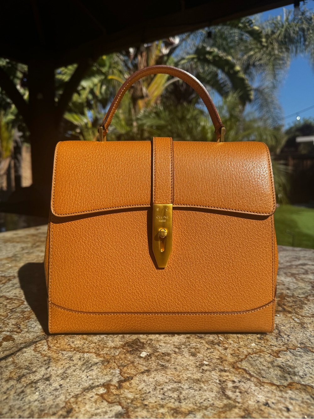 Celine Vintage Cognac Leather Top Handle Satchel Crossbody Bag Gold Hardware